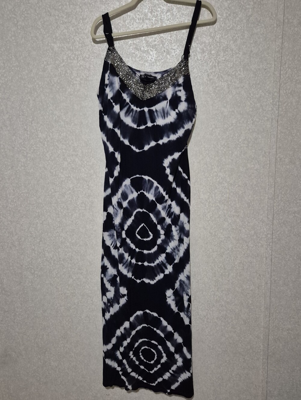 INC International Concepts Navy and White Tie-Dye Maxi with Beaded Neckline-XXL